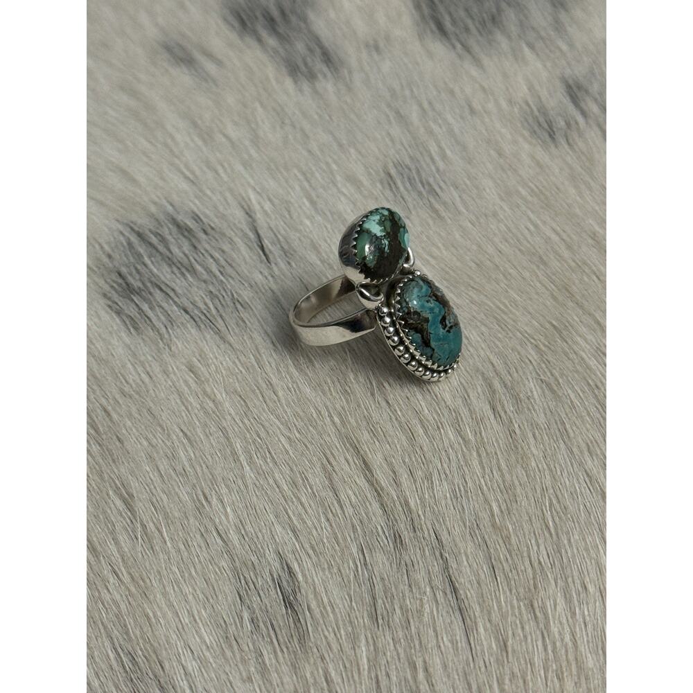 Sterling Silver Blue Hubei Turquoise Double Stone Adjustable Ring Sawtooth 925 - Picture 13 of 14